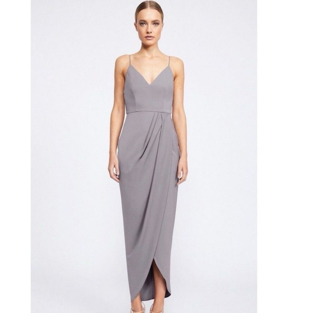 Shona Joy Core Cocktail Cross Draped Asymmetric Hem Midi Dress - Slate Grey -‎ 2
